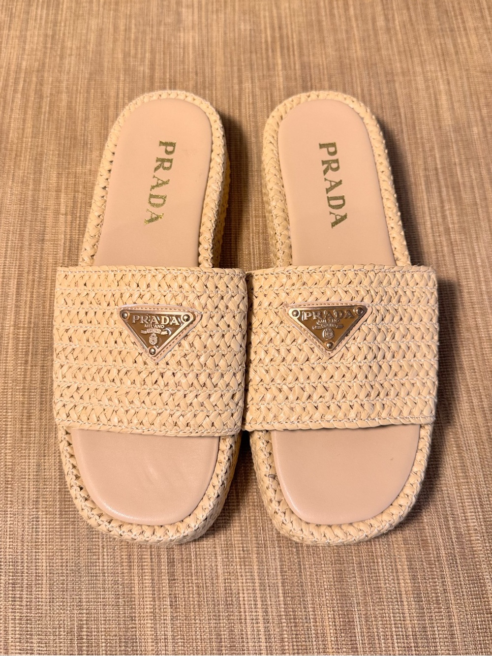 Prada Raffia Tan Platform Slides - Picture 3 of 7